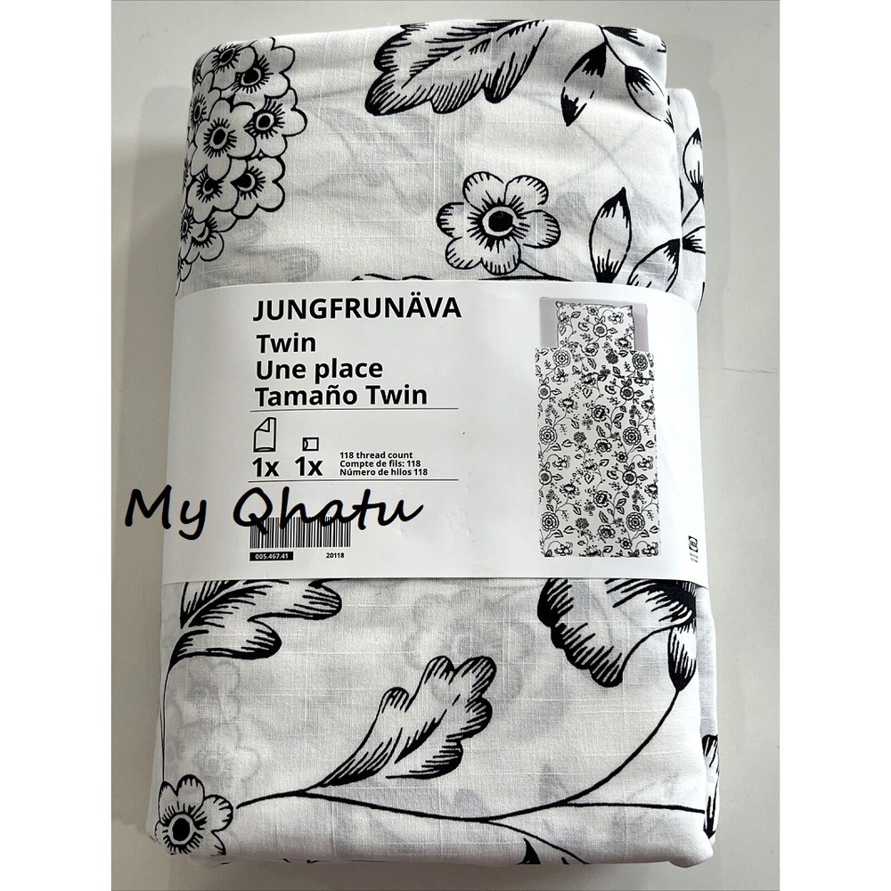 IKEA Jungfrunava Twin Duvet cover + pillowcase, White/Black Floral, New